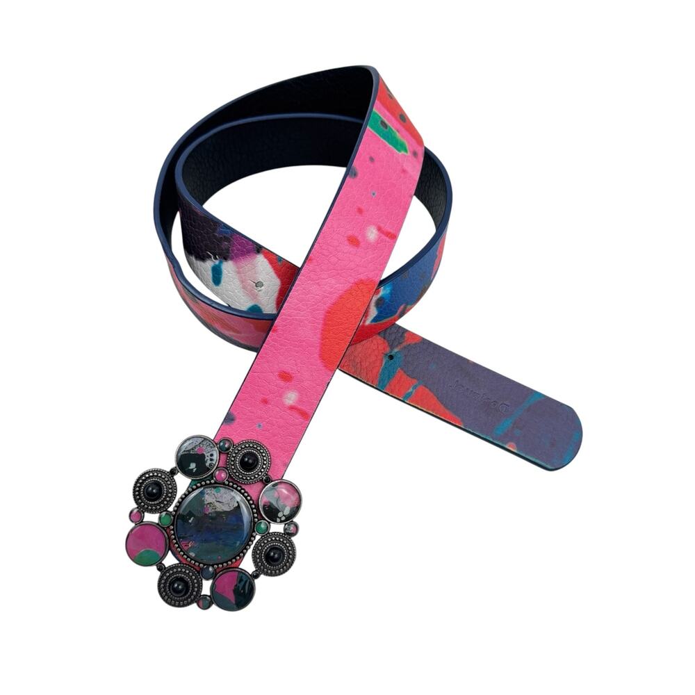 Desigual Reversible Leather Belt Colorful Unique Ornate Metal Buckle